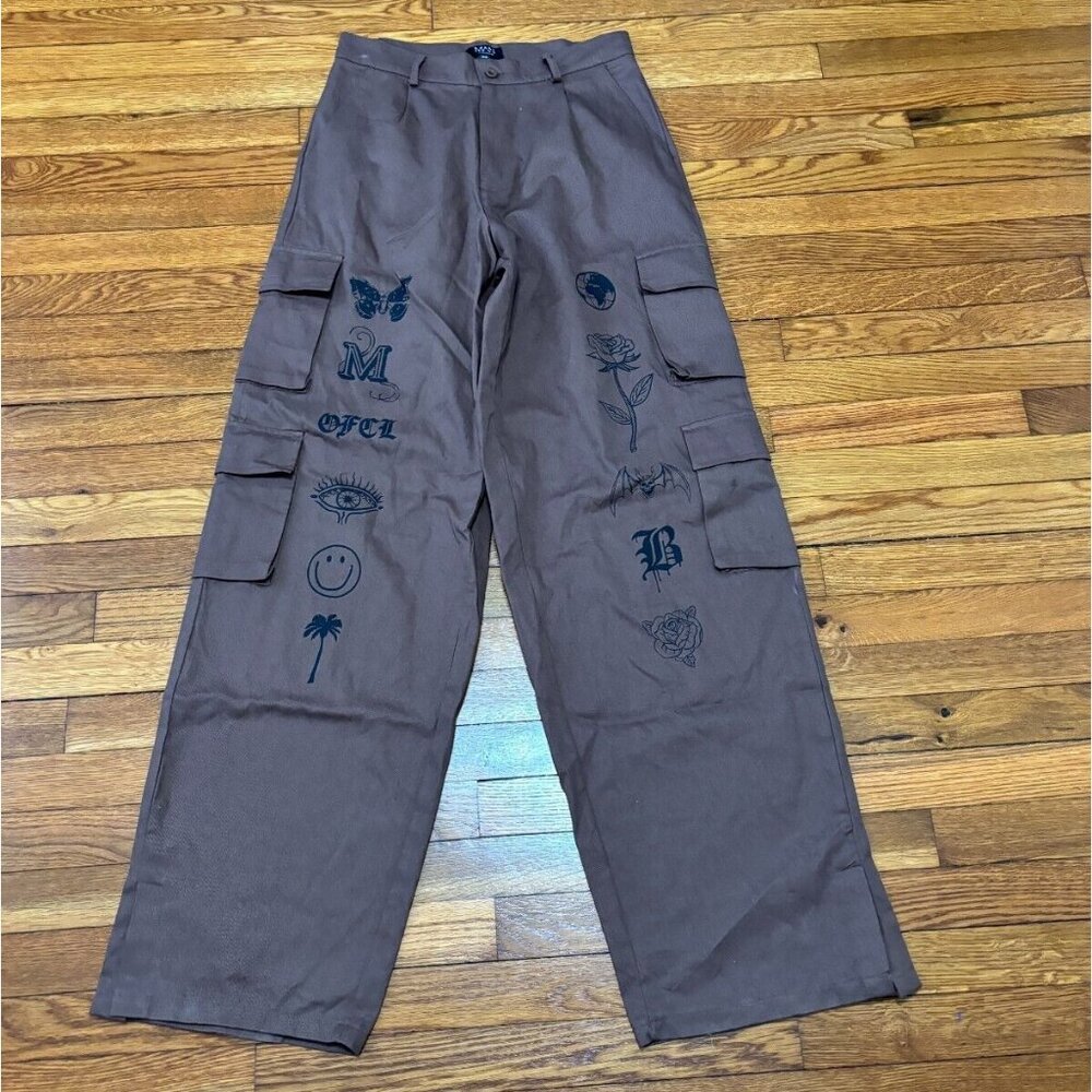 Boohoo Man Tall Tarot Print Baggy Split Hem Cargo Pants Size 30x35 Brown NWT!